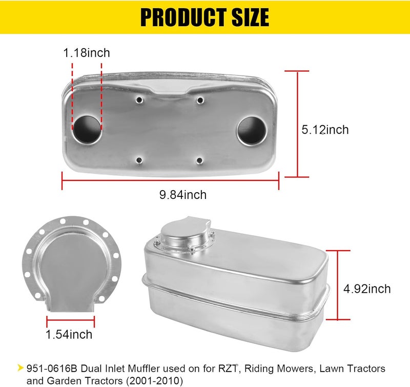 RALZAOTO 751-0616B 951-0616B Twin Inlet Exhaust Muffler Compatible with MTD Cub Cadet LT1018 LT1022 LT1024 RZT22 RZT42 RZT50 RZT54 RZT50KH Replace 951-0616 751-0616 - Image 3